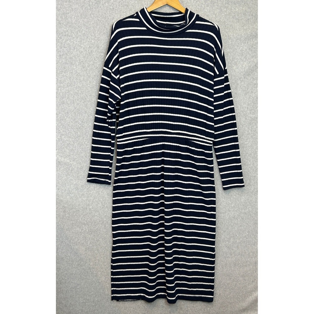 Old Navy Ribbed Midi Dress Navy Blue Striped Long Sleeve Autumn Prep Size Large